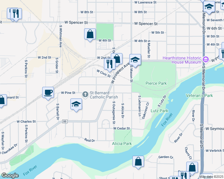 map of restaurants, bars, coffee shops, grocery stores, and more near 1354 West Pine Street in Appleton