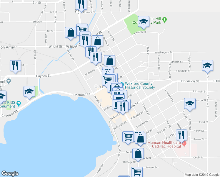 map of restaurants, bars, coffee shops, grocery stores, and more near 218 North Mitchell Street in Cadillac