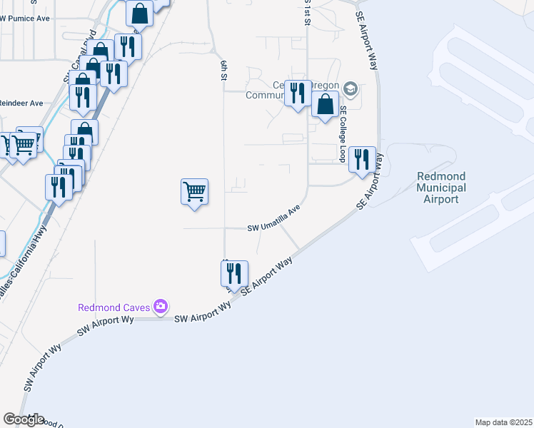 map of restaurants, bars, coffee shops, grocery stores, and more near 405 Southwest Umatilla Avenue in Redmond
