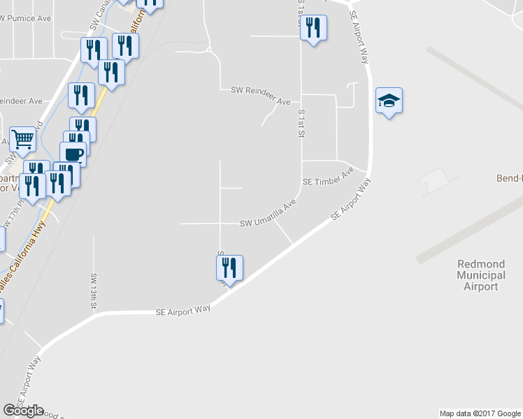 map of restaurants, bars, coffee shops, grocery stores, and more near 405 Southwest Umatilla Avenue in Redmond