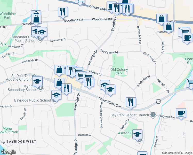 map of restaurants, bars, coffee shops, grocery stores, and more near in Kingston