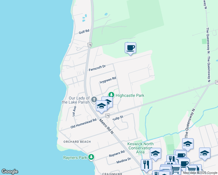 map of restaurants, bars, coffee shops, grocery stores, and more near Kerfoot Crescent in Georgina