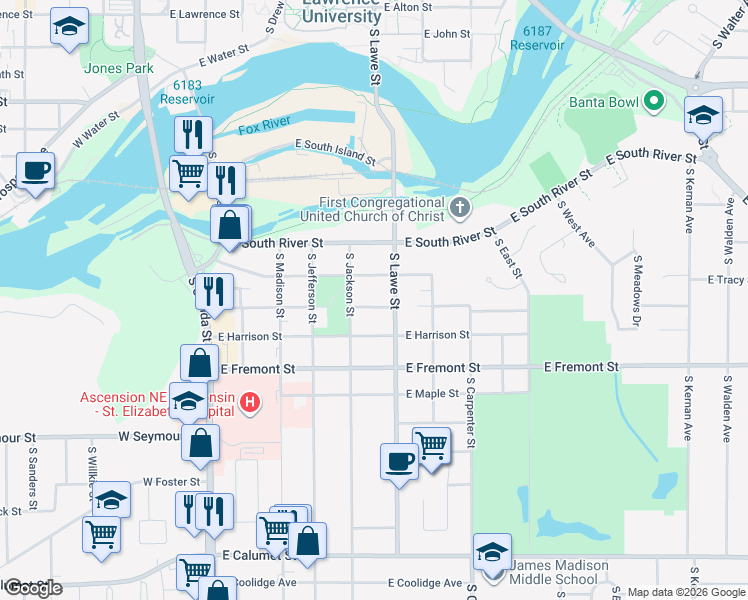 map of restaurants, bars, coffee shops, grocery stores, and more near 539 East Mckinley Street in Appleton