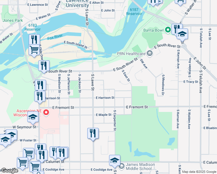 map of restaurants, bars, coffee shops, grocery stores, and more near 731 East Mckinley Street in Appleton