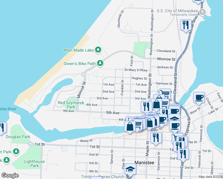 map of restaurants, bars, coffee shops, grocery stores, and more near 287 2nd Avenue in Manistee
