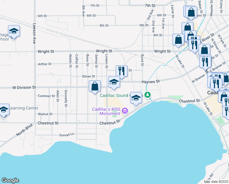 map of restaurants, bars, coffee shops, grocery stores, and more near 400 Linden Street in Cadillac