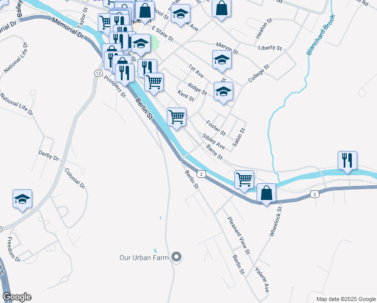 map of restaurants, bars, coffee shops, grocery stores, and more near 1 Granite Street in Montpelier