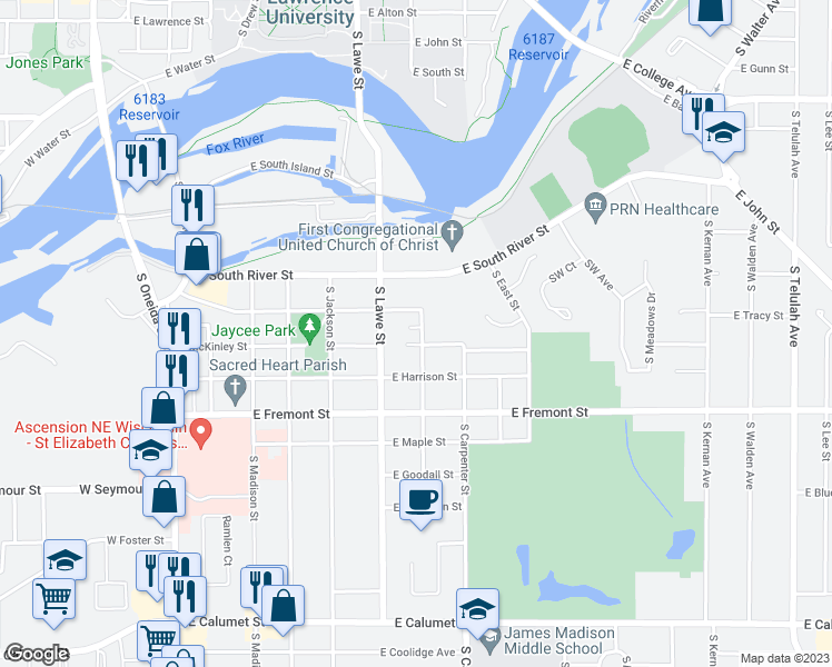 map of restaurants, bars, coffee shops, grocery stores, and more near 2 Johnson Court in Appleton