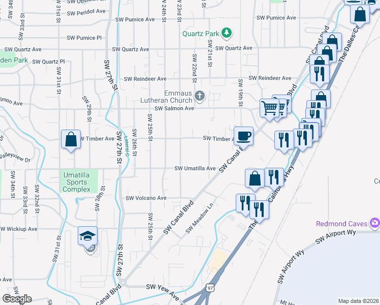map of restaurants, bars, coffee shops, grocery stores, and more near 2630 Southwest 23rd Street in Redmond