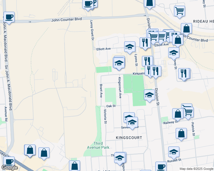 map of restaurants, bars, coffee shops, grocery stores, and more near in Kingston