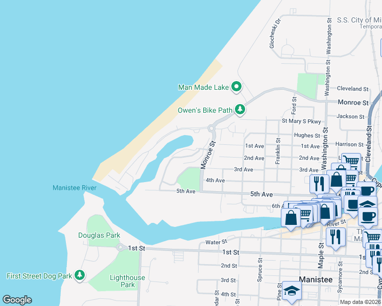 map of restaurants, bars, coffee shops, grocery stores, and more near 86 Charter Court in Manistee