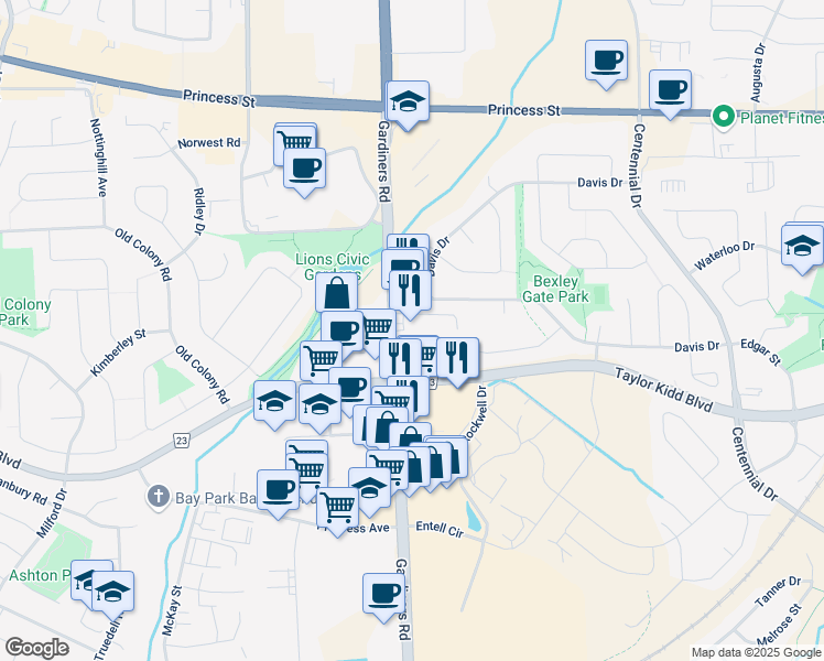 map of restaurants, bars, coffee shops, grocery stores, and more near 820 Gardiners Road in Kingston