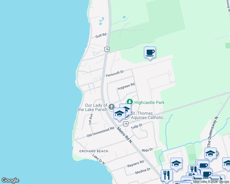map of restaurants, bars, coffee shops, grocery stores, and more near 49 Ivygreen Road in Georgina