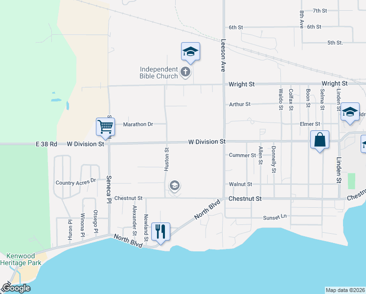 map of restaurants, bars, coffee shops, grocery stores, and more near 1501-1799 West Division Street in Cadillac
