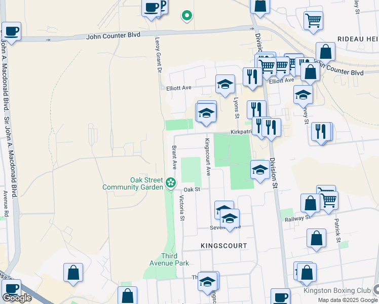 map of restaurants, bars, coffee shops, grocery stores, and more near 30 Ruskin Street in Kingston