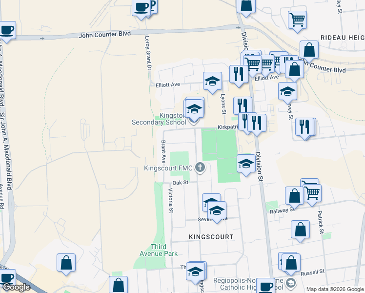 map of restaurants, bars, coffee shops, grocery stores, and more near 22 Ruskin Street in Kingston