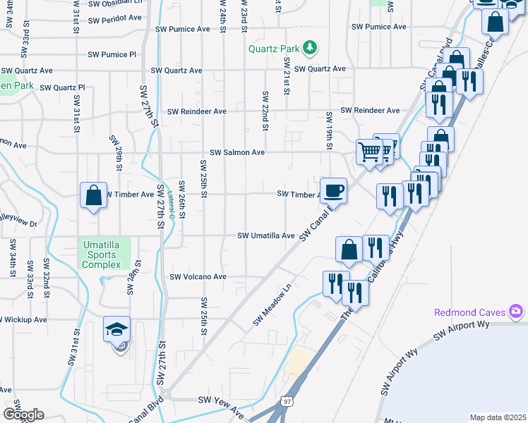 map of restaurants, bars, coffee shops, grocery stores, and more near 2610 Southwest 23rd Street in Redmond