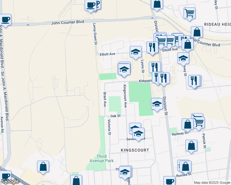 map of restaurants, bars, coffee shops, grocery stores, and more near 310 Kingscourt Avenue in Kingston