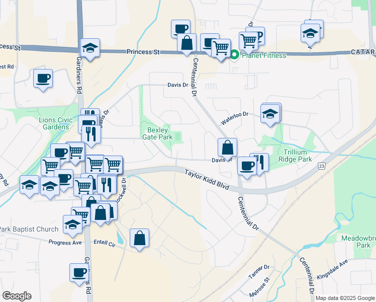 map of restaurants, bars, coffee shops, grocery stores, and more near 483 Davis Drive in Kingston