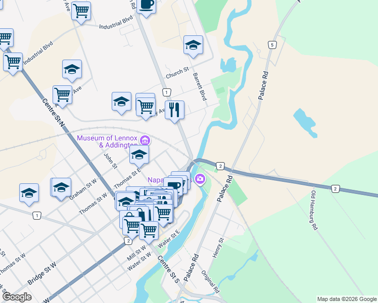 map of restaurants, bars, coffee shops, grocery stores, and more near 129 Dundas Street East in Napanee