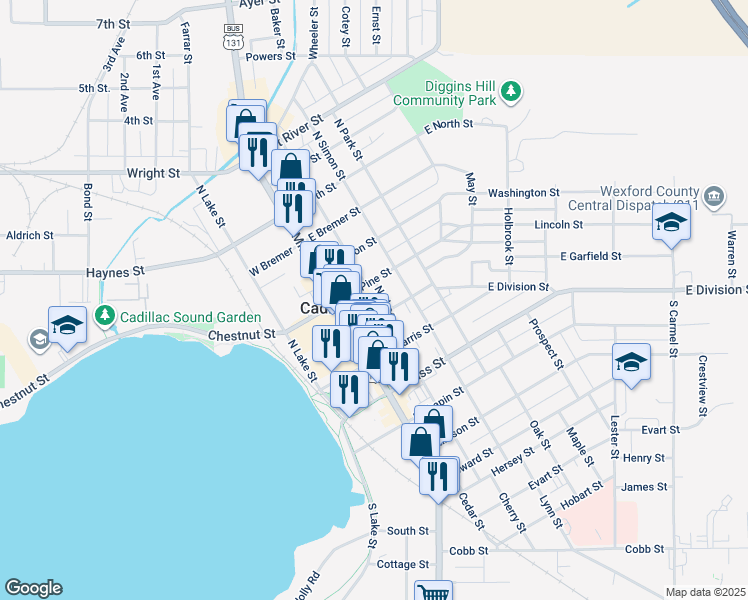 map of restaurants, bars, coffee shops, grocery stores, and more near 109 West Mason Street in Cadillac