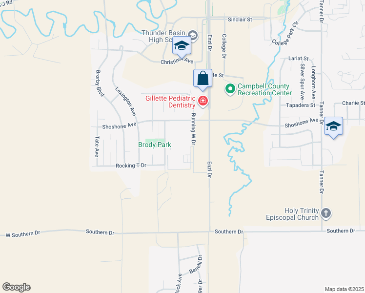 map of restaurants, bars, coffee shops, grocery stores, and more near 4530 Running West Drive in Gillette
