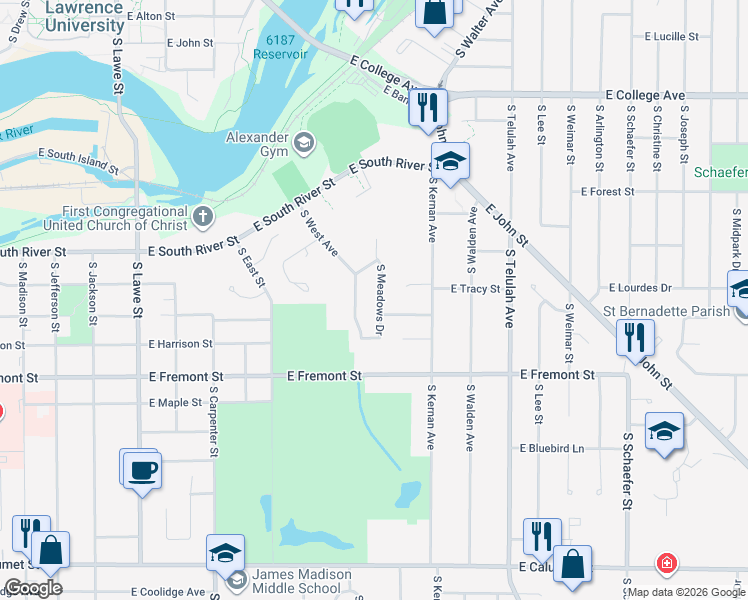 map of restaurants, bars, coffee shops, grocery stores, and more near 53 South Meadows Drive in Appleton