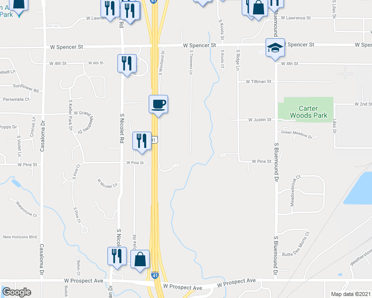 map of restaurants, bars, coffee shops, grocery stores, and more near 1105 South Timmers Lane in Appleton