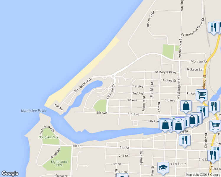 map of restaurants, bars, coffee shops, grocery stores, and more near 112 Marina Dr in Manistee