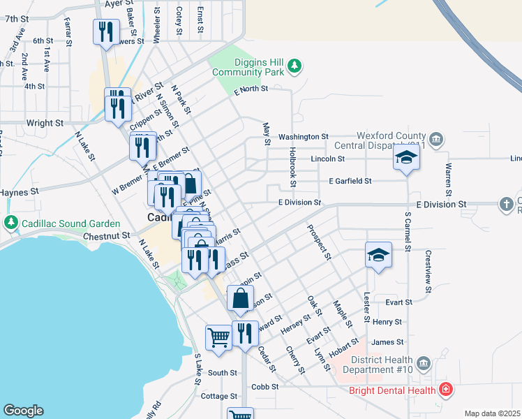 map of restaurants, bars, coffee shops, grocery stores, and more near 100-198 May St in Cadillac