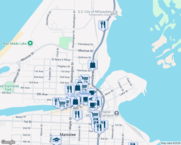 map of restaurants, bars, coffee shops, grocery stores, and more near 156 Harrison Street in Manistee
