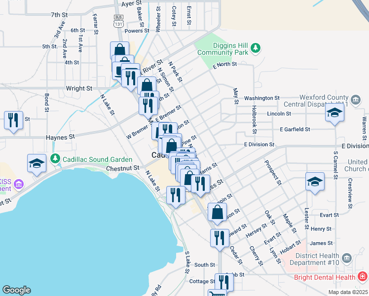 map of restaurants, bars, coffee shops, grocery stores, and more near 179-199 East Pine Street in Cadillac