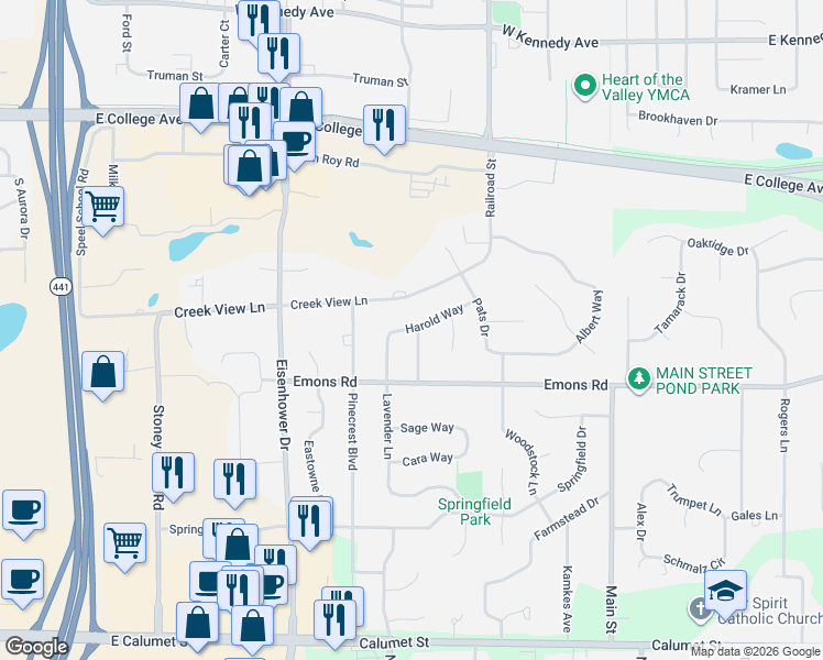 map of restaurants, bars, coffee shops, grocery stores, and more near 611 Creek View Lane in Appleton