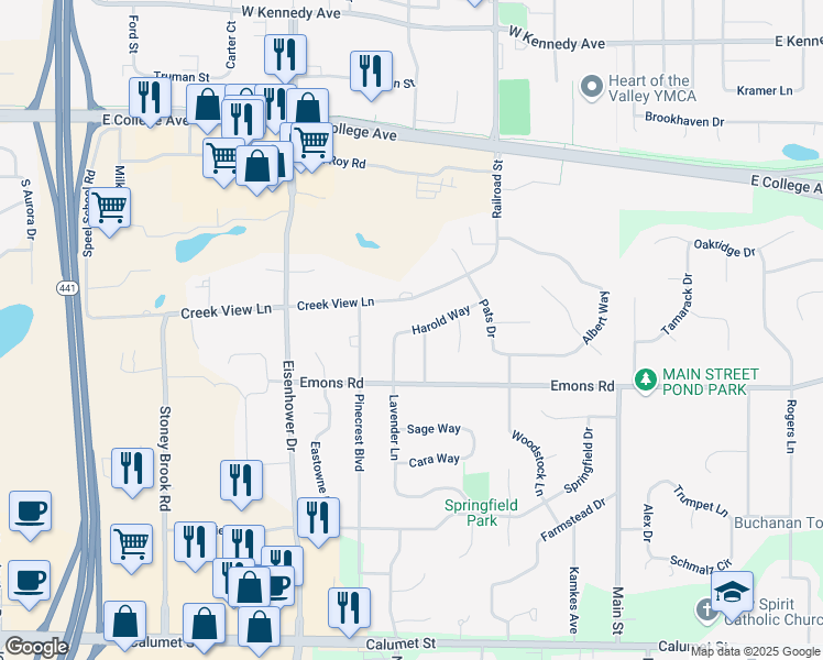 map of restaurants, bars, coffee shops, grocery stores, and more near 611 Creek View Lane in Appleton