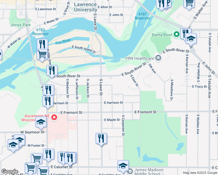 map of restaurants, bars, coffee shops, grocery stores, and more near 624 East Lincoln Street in Appleton