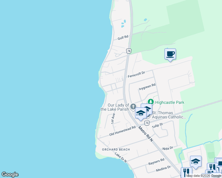 map of restaurants, bars, coffee shops, grocery stores, and more near 294 Hillcrest Road in Georgina