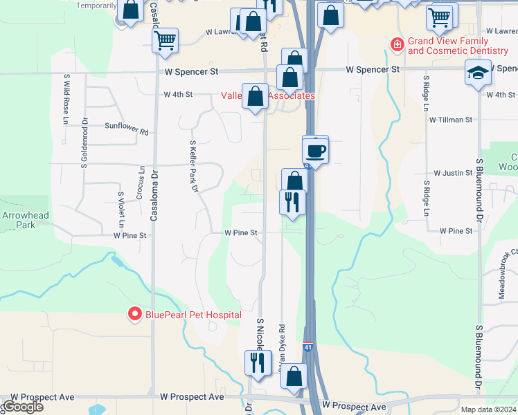 map of restaurants, bars, coffee shops, grocery stores, and more near 1111 South Nicolet Road in Appleton