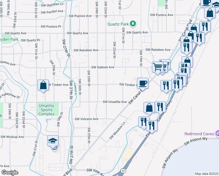 map of restaurants, bars, coffee shops, grocery stores, and more near 2508 Southwest 23rd Street in Redmond
