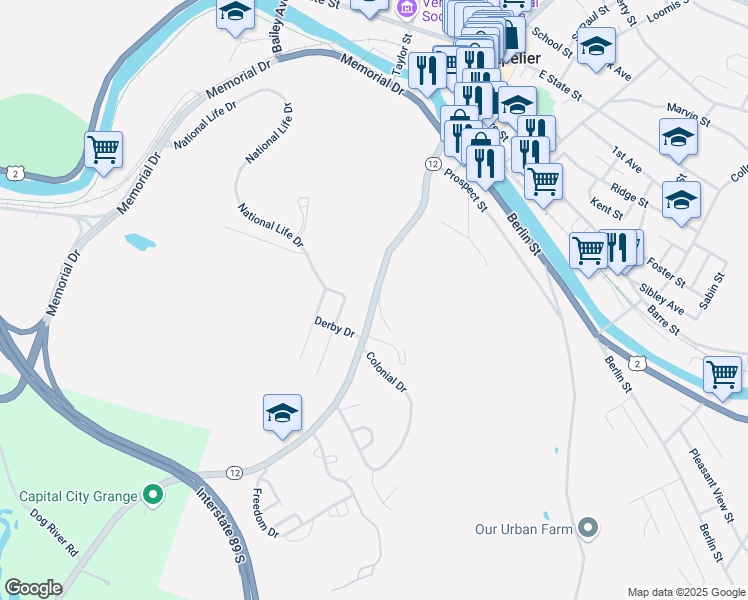 map of restaurants, bars, coffee shops, grocery stores, and more near 92 Northfield Street in Montpelier