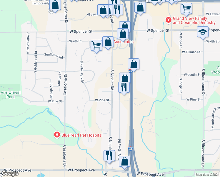 map of restaurants, bars, coffee shops, grocery stores, and more near 1005 South Nicolet Road in Appleton