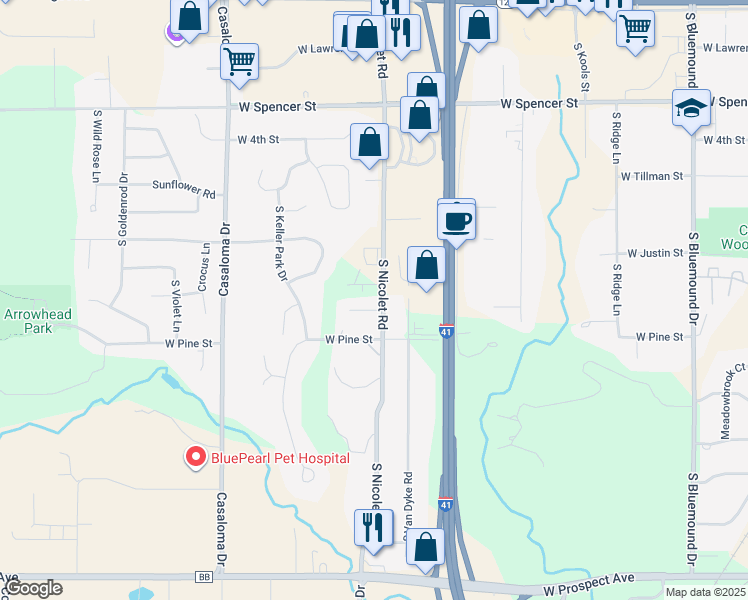 map of restaurants, bars, coffee shops, grocery stores, and more near 1005 South Nicolet Road in Appleton
