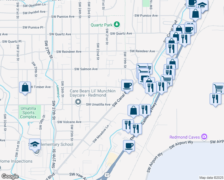 map of restaurants, bars, coffee shops, grocery stores, and more near 2050 Southwest Timber Avenue in Redmond