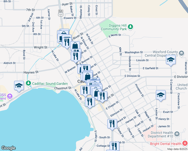map of restaurants, bars, coffee shops, grocery stores, and more near 179 East Pine Street in Cadillac