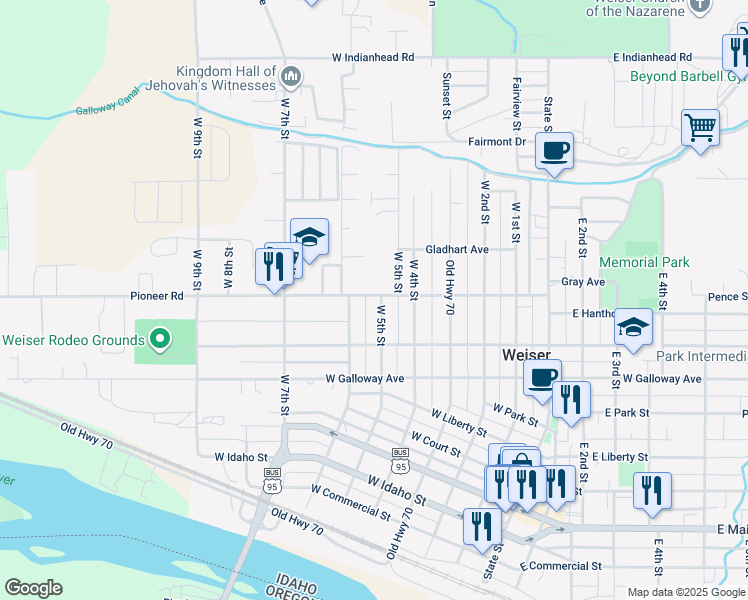 map of restaurants, bars, coffee shops, grocery stores, and more near 502 Pioneer Road in Weiser