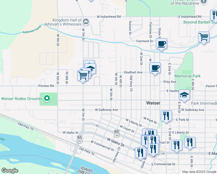 map of restaurants, bars, coffee shops, grocery stores, and more near 502 Pioneer Road in Weiser