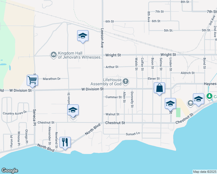 map of restaurants, bars, coffee shops, grocery stores, and more near 1406 West Division Street in Cadillac