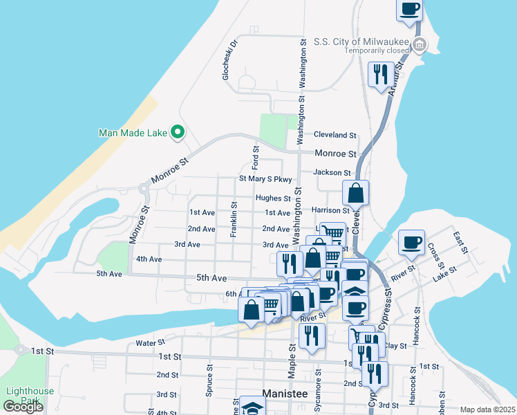 map of restaurants, bars, coffee shops, grocery stores, and more near 240 1st Avenue in Manistee