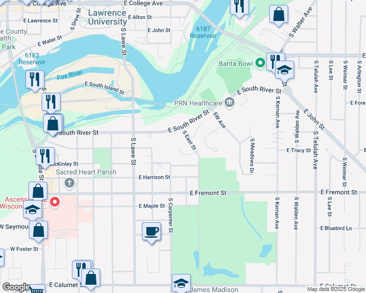 map of restaurants, bars, coffee shops, grocery stores, and more near 20 East Arbor Lane in Appleton