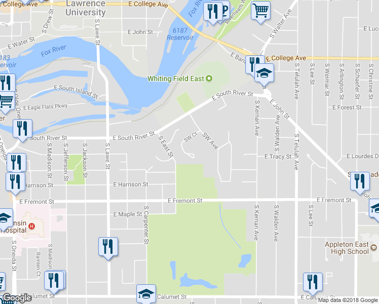 map of restaurants, bars, coffee shops, grocery stores, and more near 1021 South West Court in Appleton
