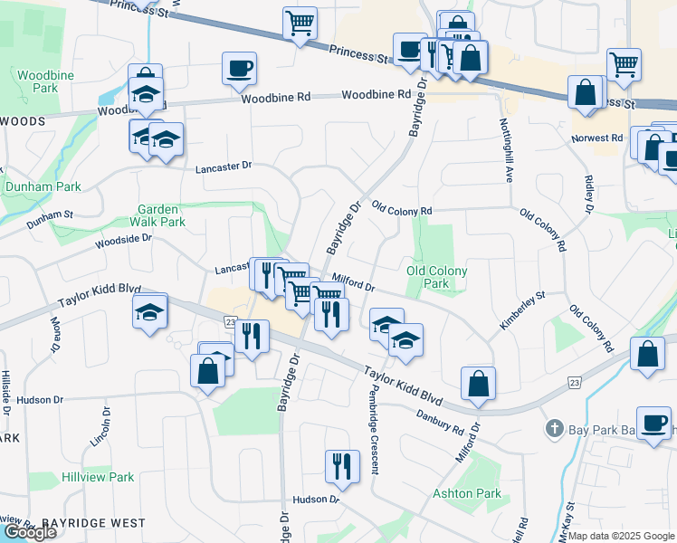 map of restaurants, bars, coffee shops, grocery stores, and more near 952 Milford Drive in Kingston